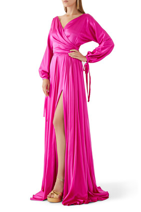 Long-Sleeved Flared Silk Wrap Dress